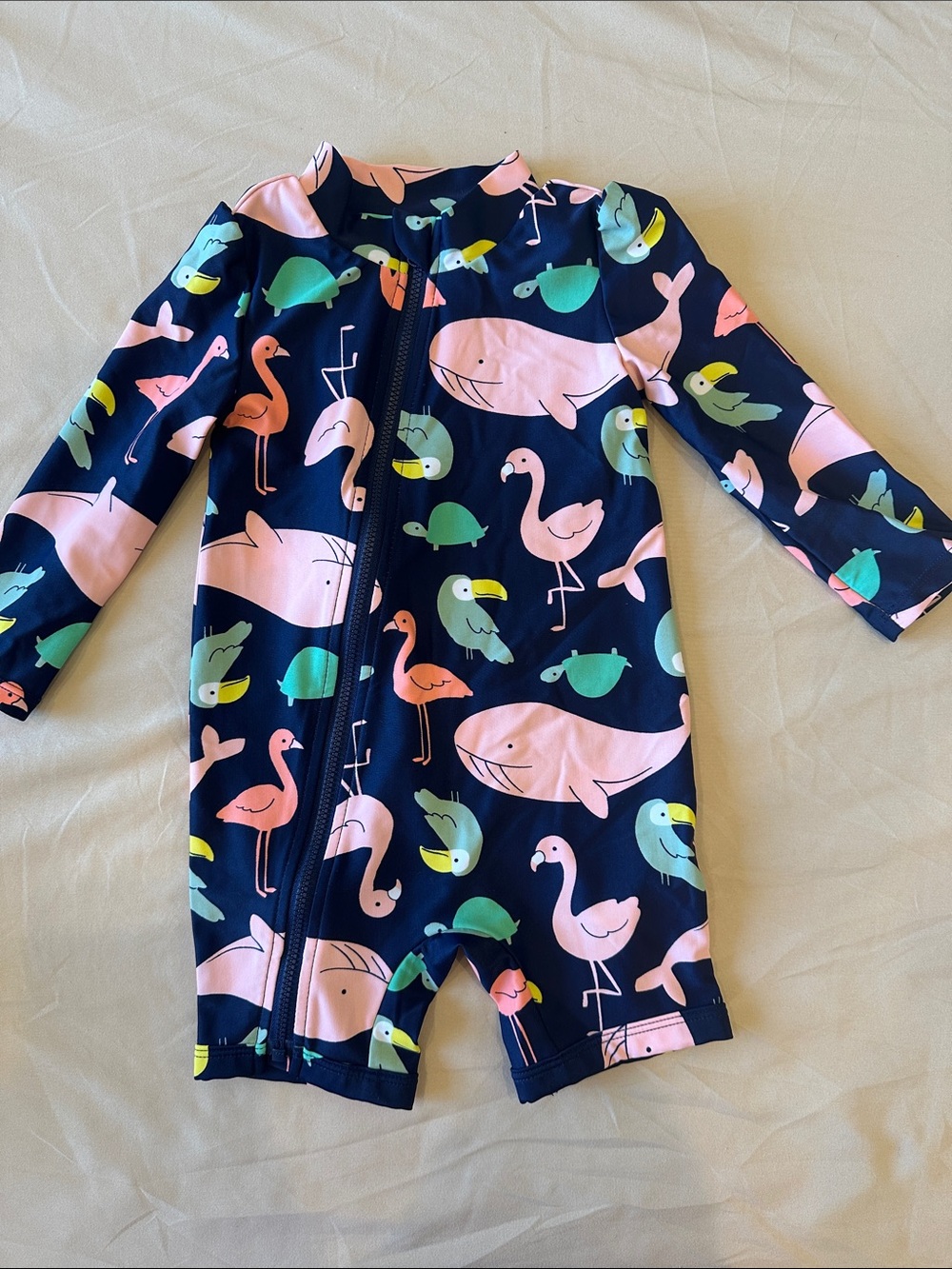 Simple Navy Rashguard Swimsuit with Pink Flamingos & Aqua Whales